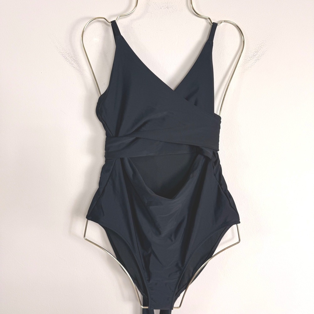 Aerie Womens Wrap Front Cutout One Piece Swimsuit Black Full Coverage Size L NEW